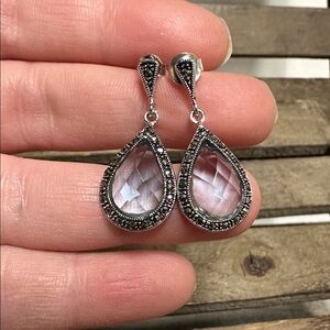 925 sterling silver great shape stamped marcasite blue crystal cz drop earrings